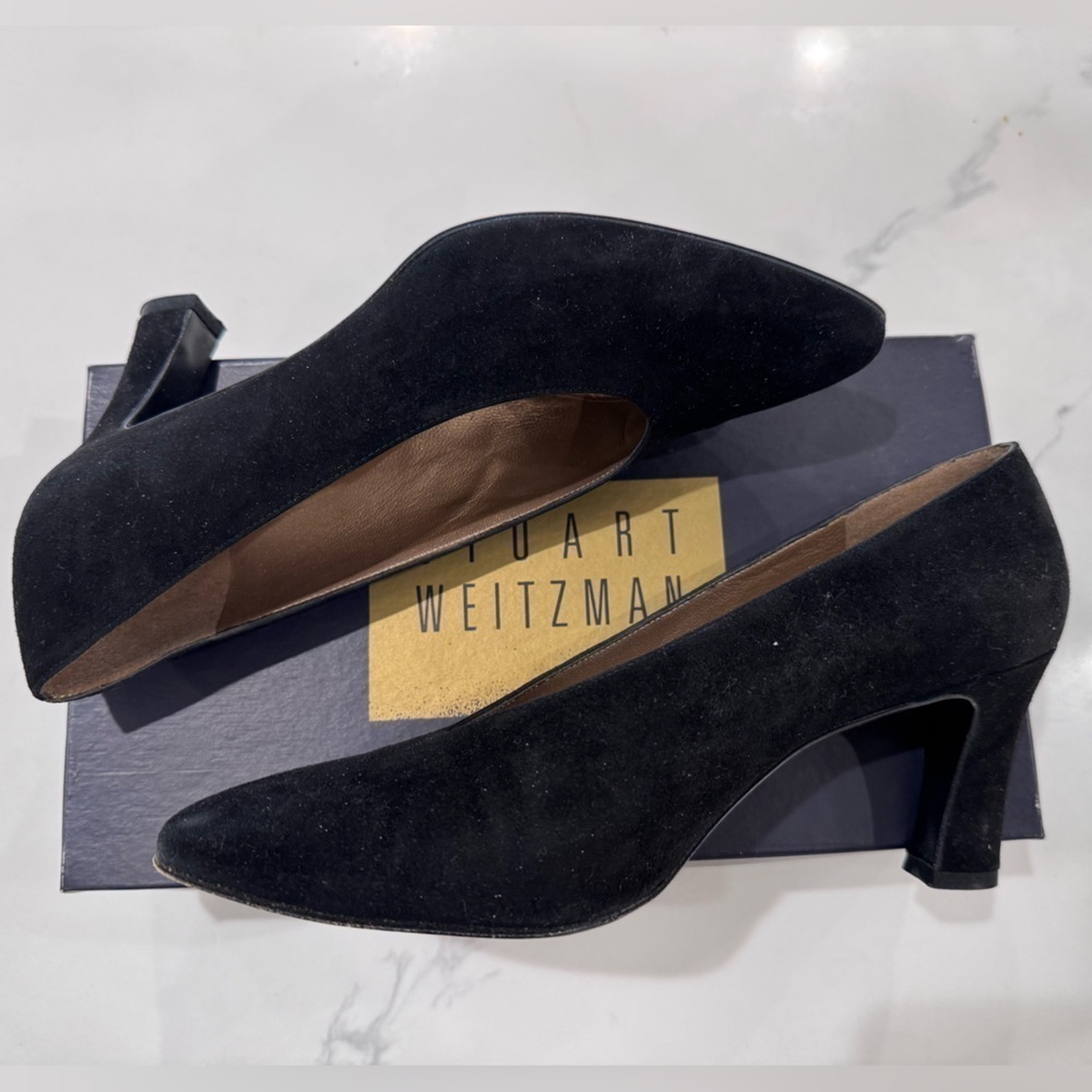 Stuart Weitzman Black Suede Pointed Mid-Heel Pumps